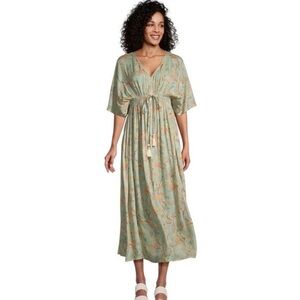 World Market Mira Veda Butterfly Sage Green & Coral Kaftan Midi Dress Size S/M